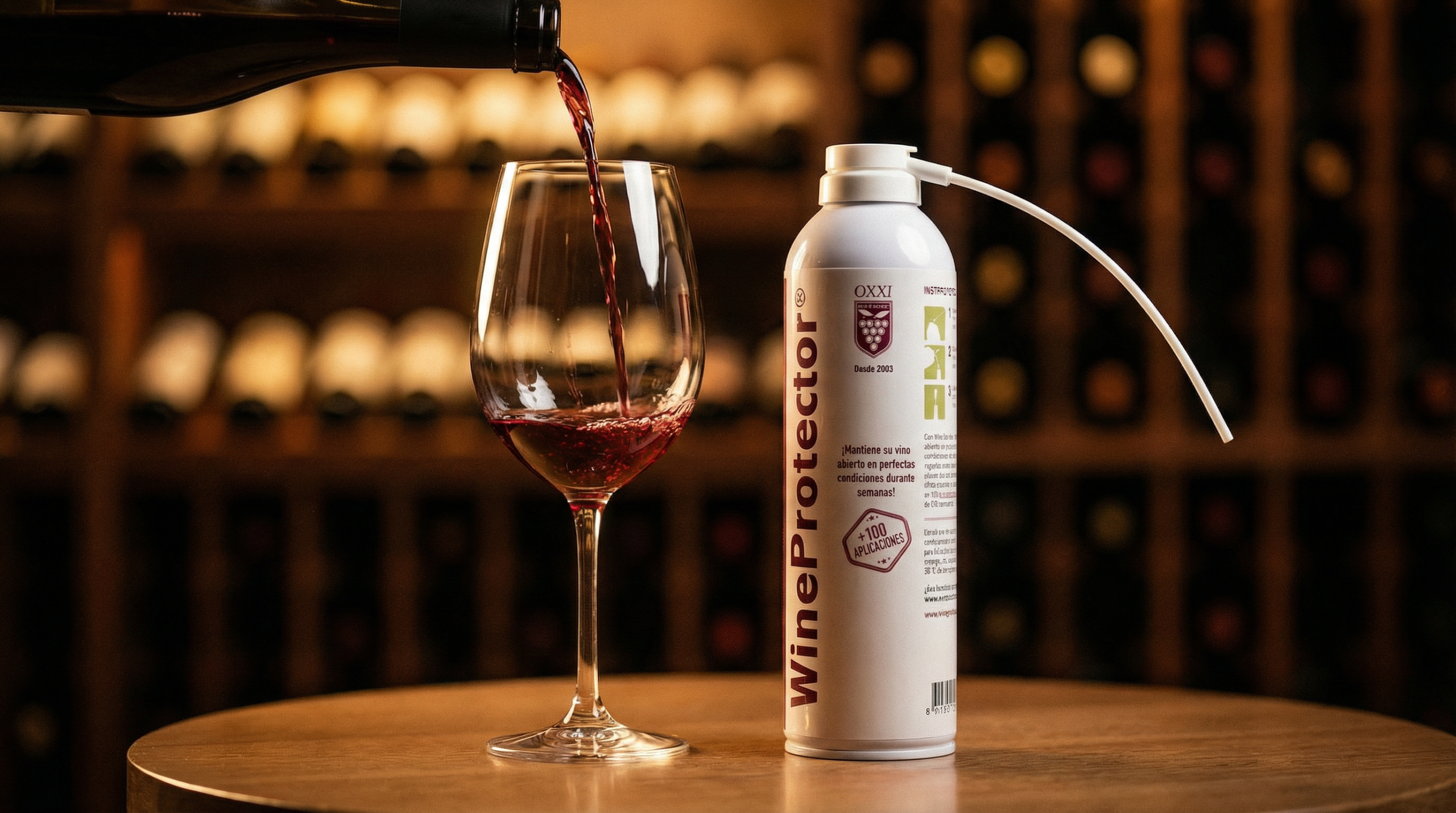 Copa de vino sirviéndose junto a WineProtector en bodega